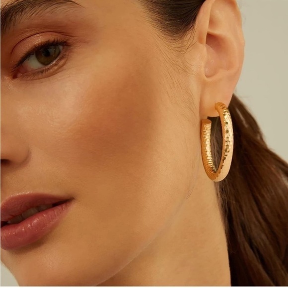 GOLD 14k Gold Plated Textured Hoop Earrings - Picture 1 of 8